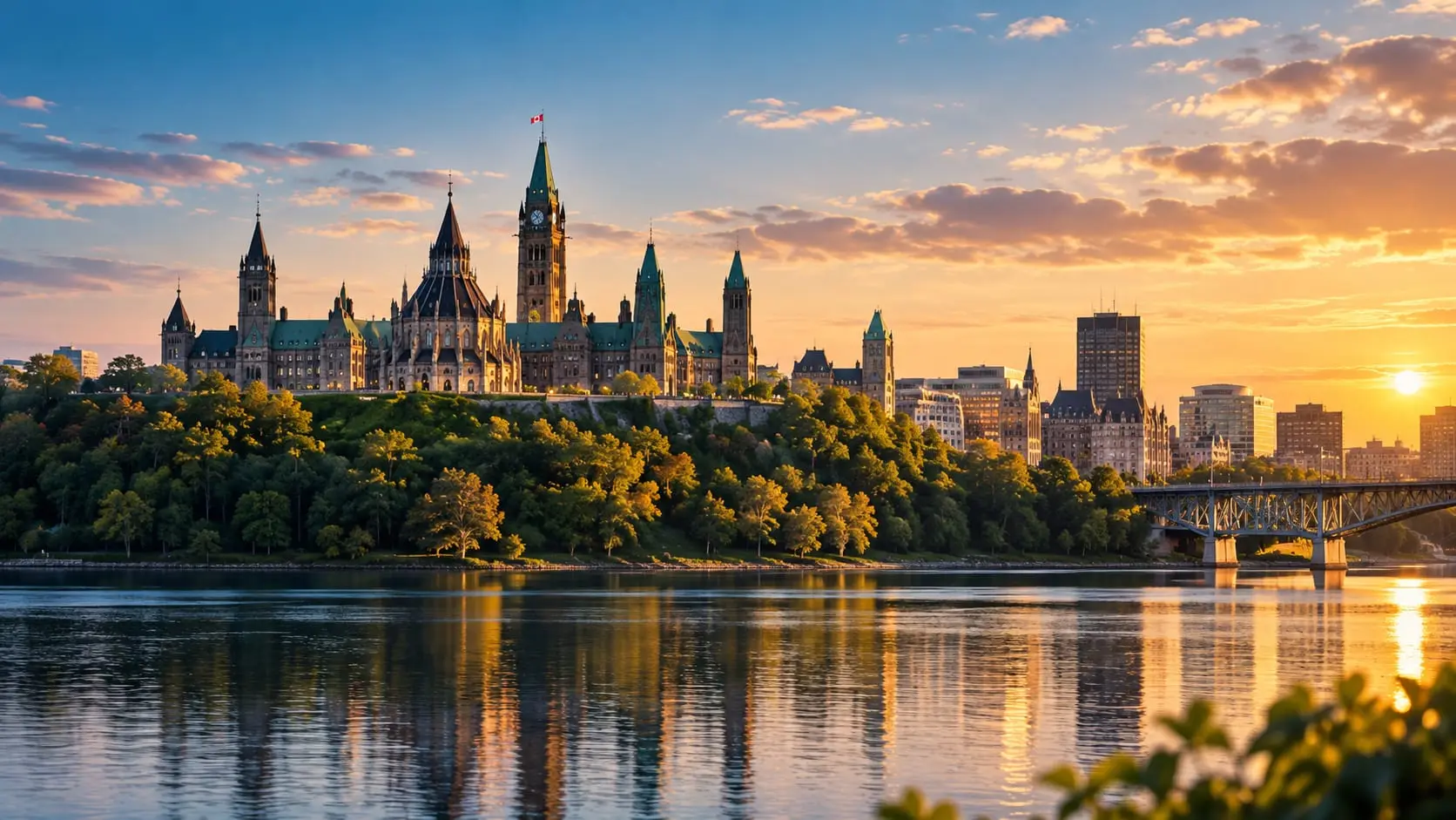 Parliament Hill and the Ottawa skyline at sunset, reflected in the river.