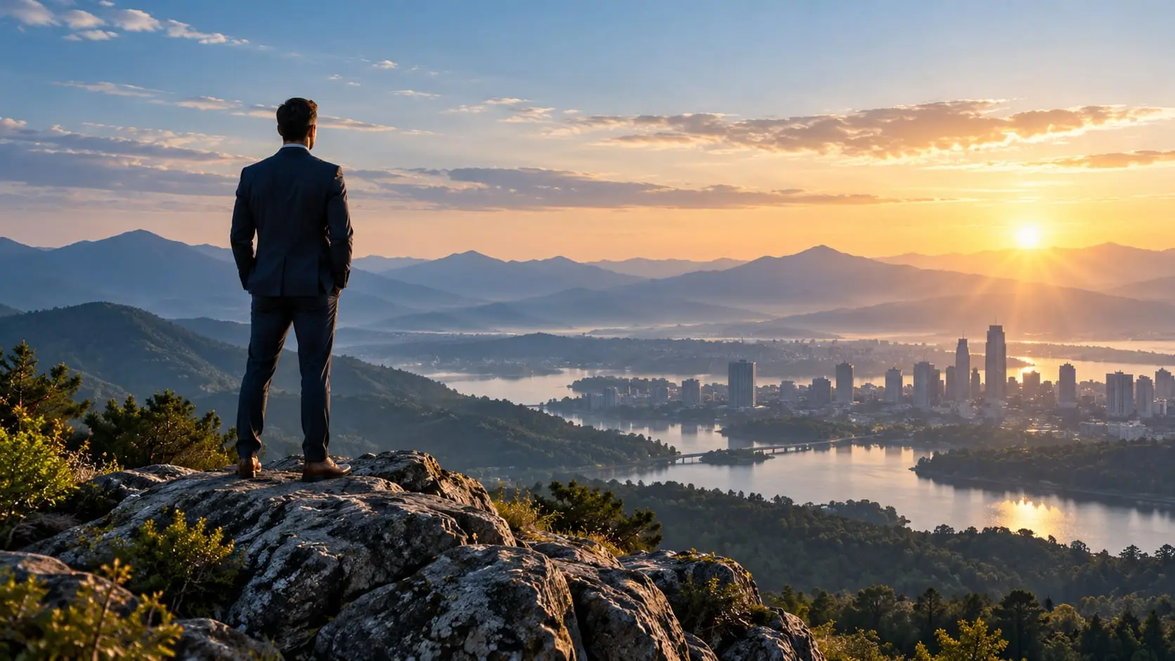 A person in a dark suit, seen from behind, standing on a rocky ridge at sunrise and looking over a river, a city and distant mountains.
